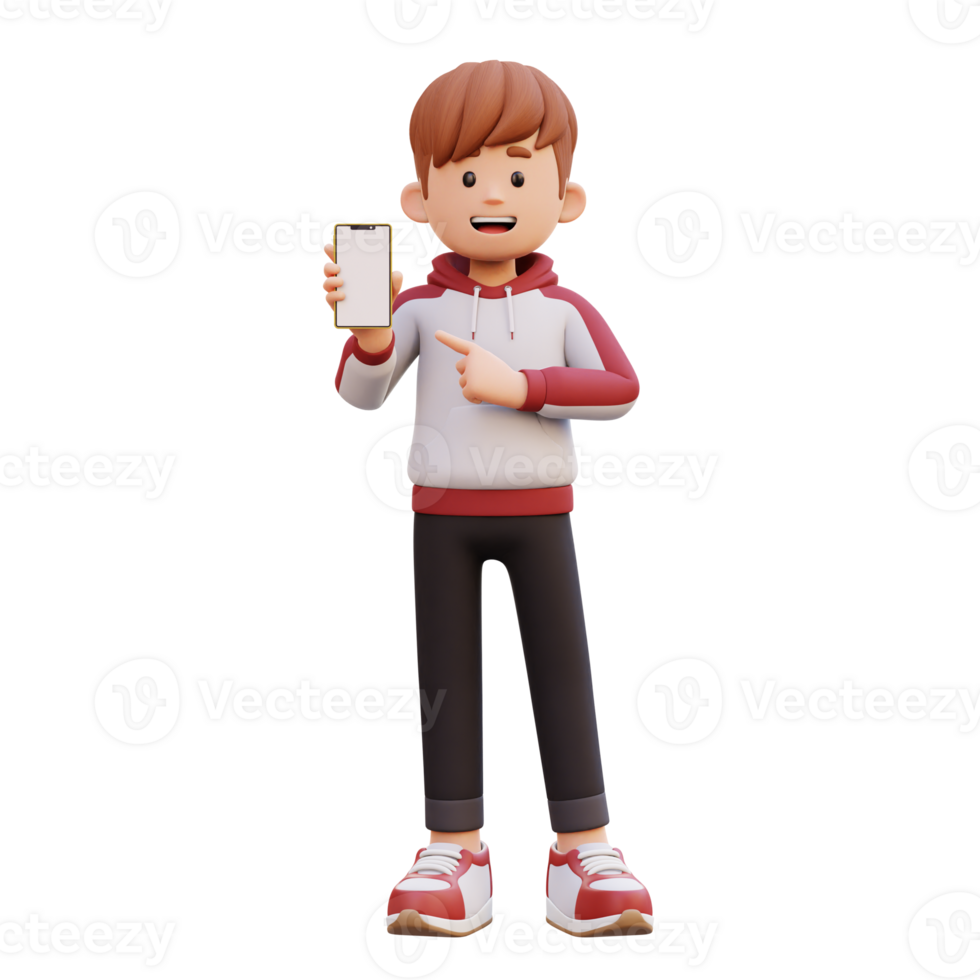 3d male character holding and pointing to a smart phone with empty screen png