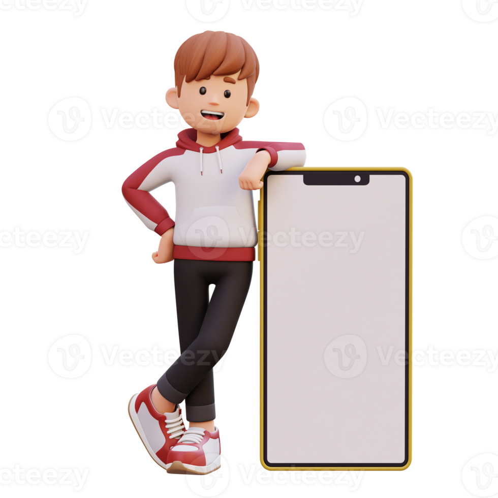 3d male character laying on a big smart phone with empty screen png