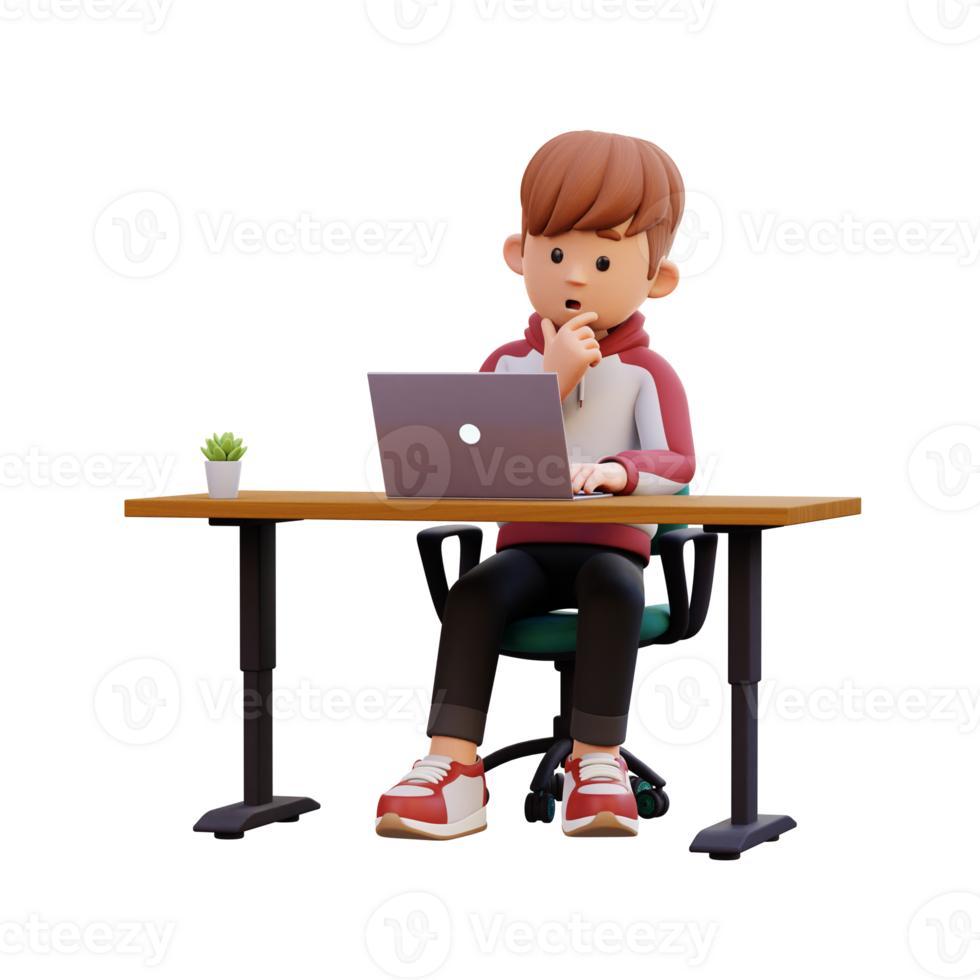 3d male character thinking and working on a laptop png