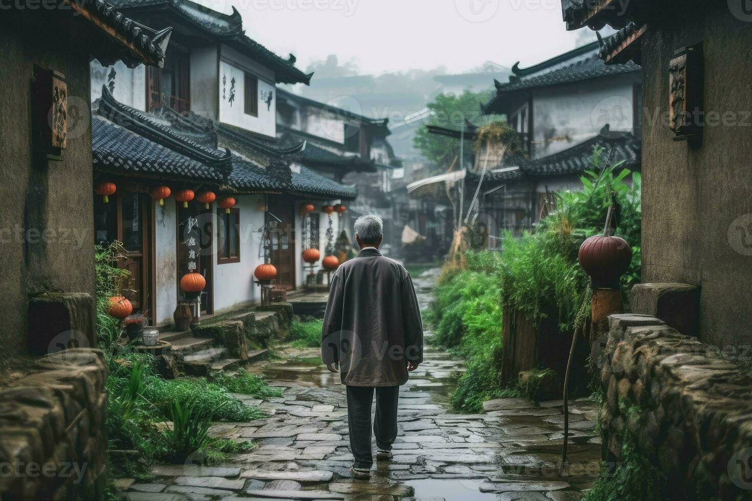 Chinese village person rainy street. Generate Ai photo