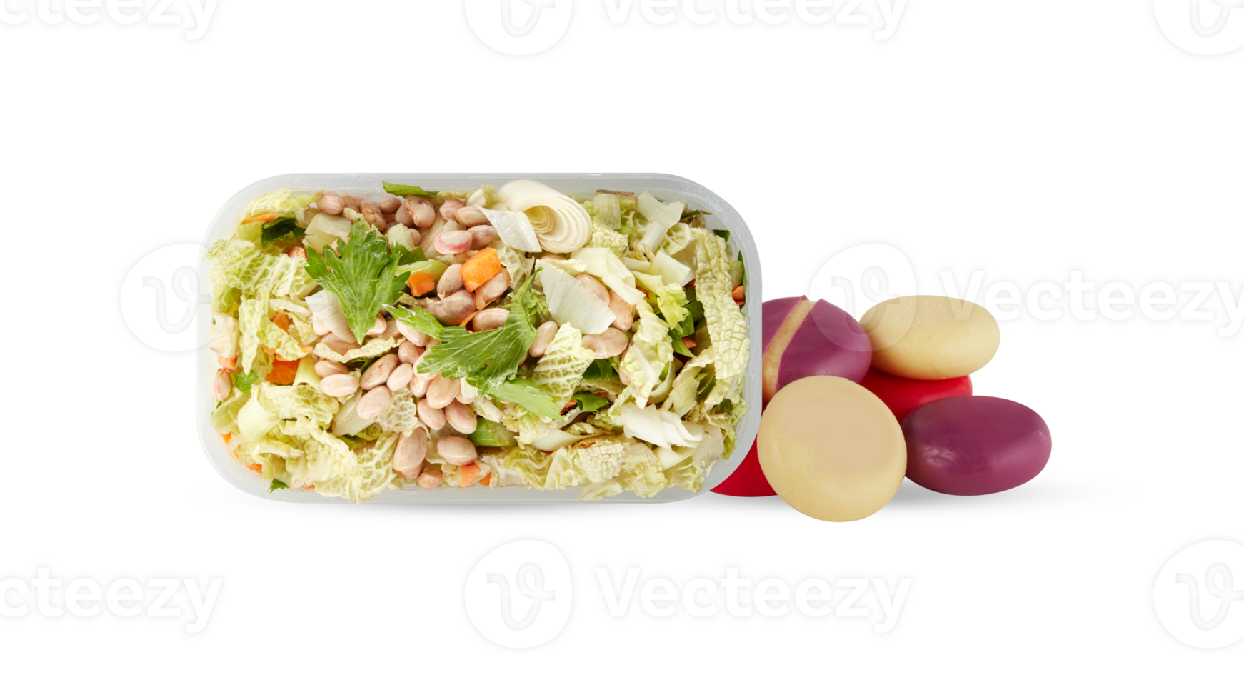 Salads, vegetables, grains, nuts packed in a plastic box with an open lid isolated transparent background png