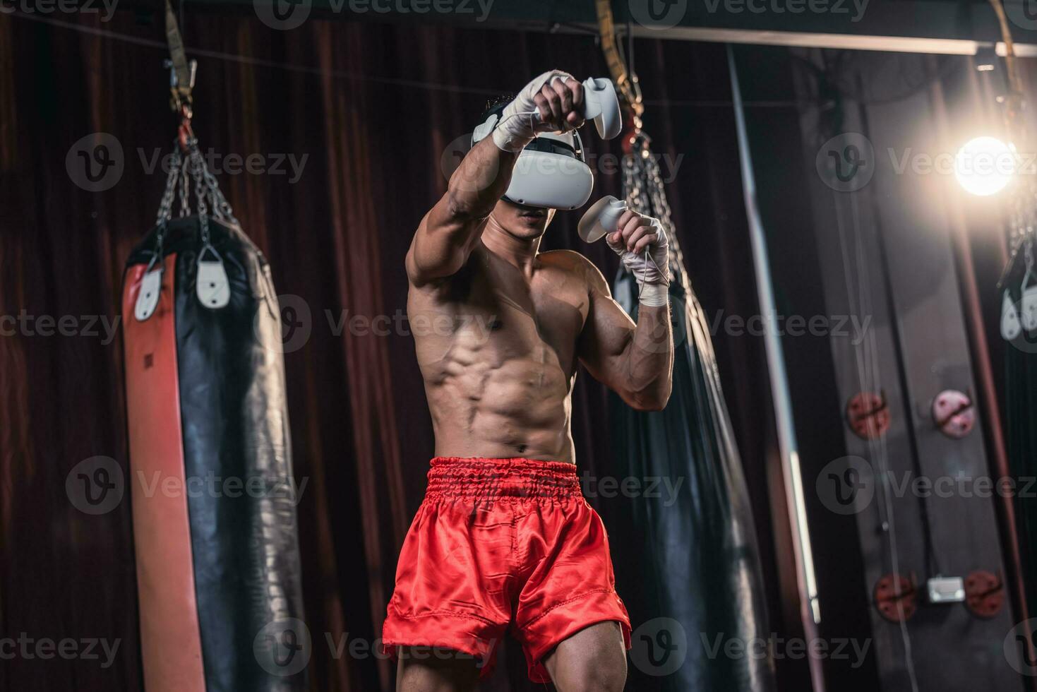 Professional boxer wear virtual reality headsets to engage in immersive boxing workouts simulations while practicing their punching techniques. Live, customized training sessions with boxing coach photo