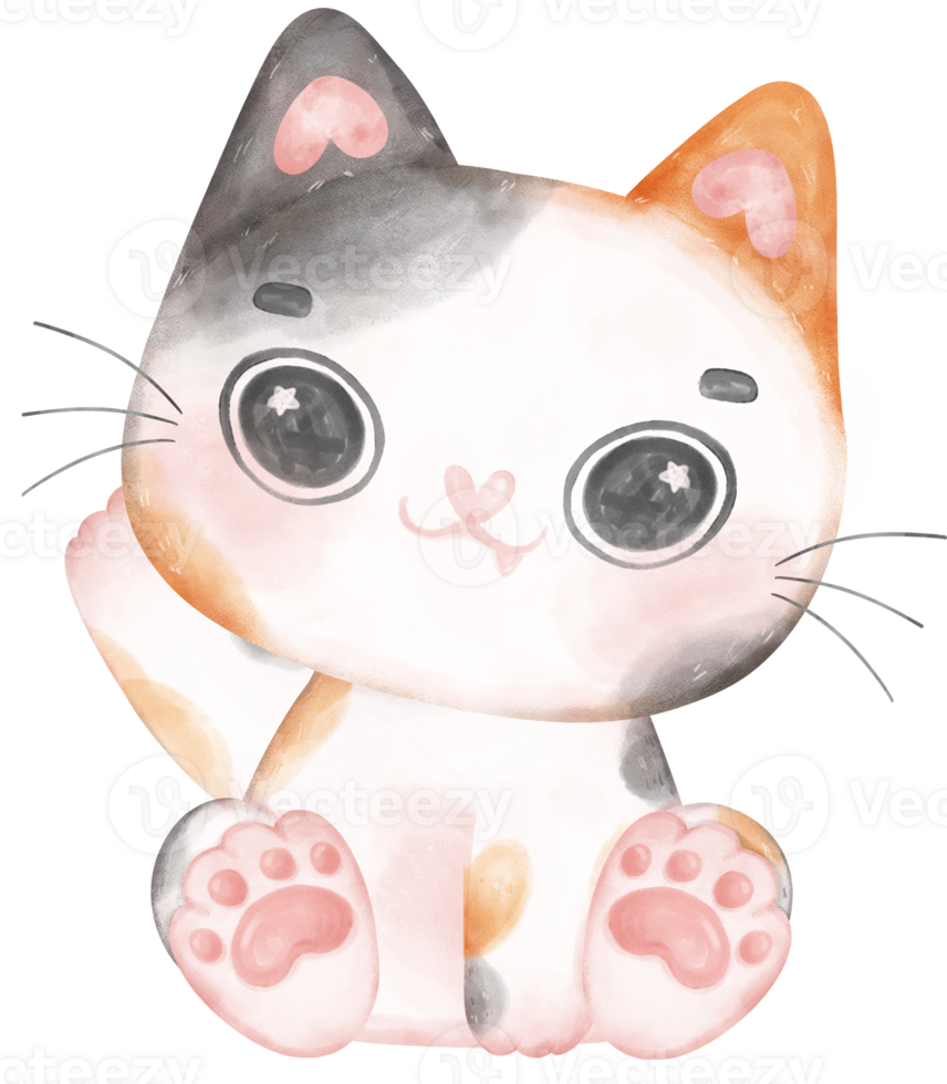 Cute playful calico kitten cat happy cartoon character watercolour hand drawing png