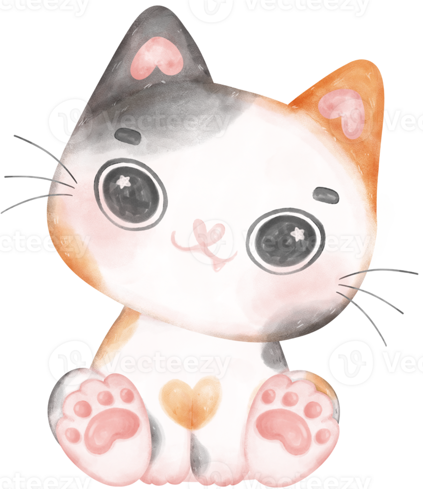 Cute playful calico kitten cat happy cartoon character watercolour hand drawing png