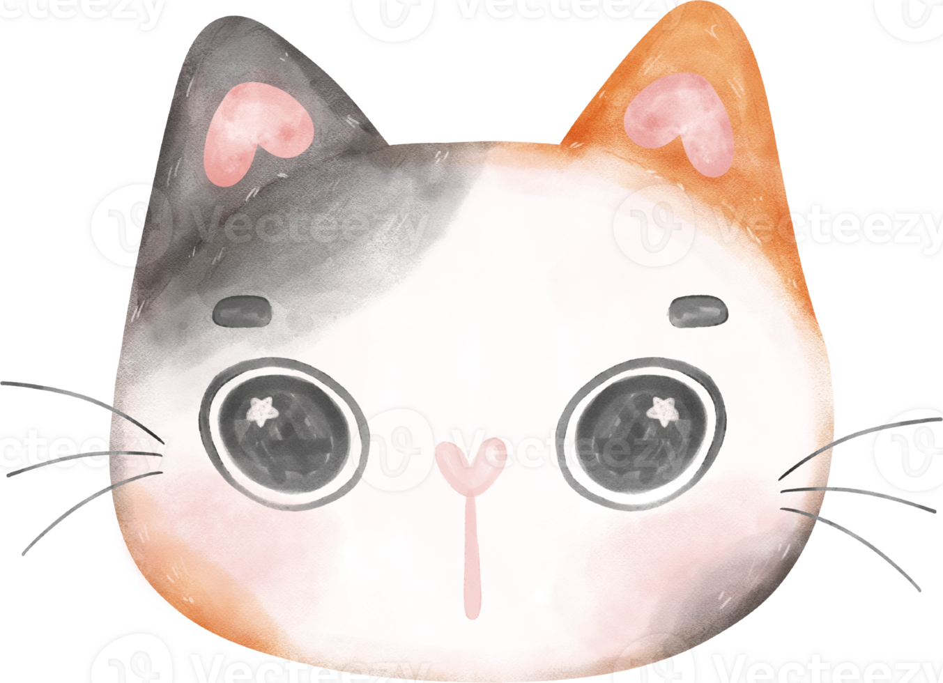 Cute cheerful calico kitten cat happy face cartoon character watercolour hand drawing png