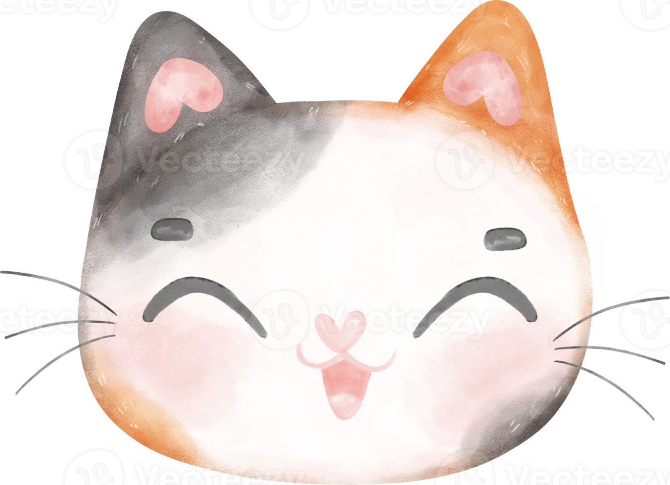 Cute cheerful calico kitten cat happy face cartoon character watercolour hand drawing png