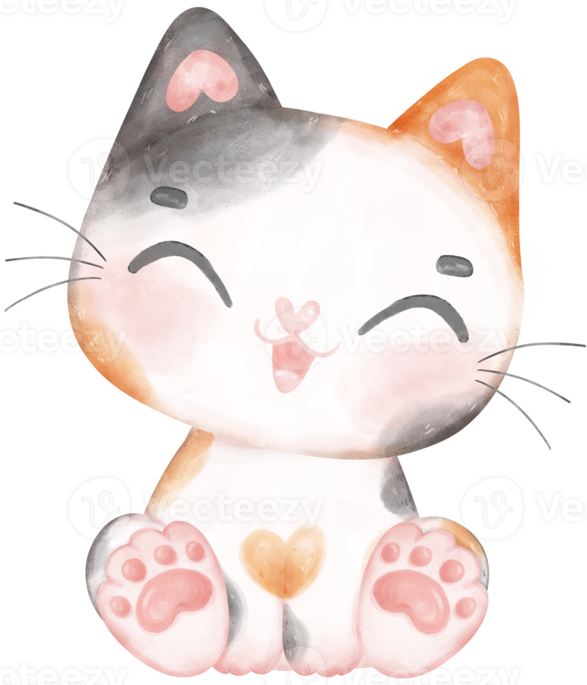 Cute playful calico kitten cat happy cartoon character watercolour hand drawing png