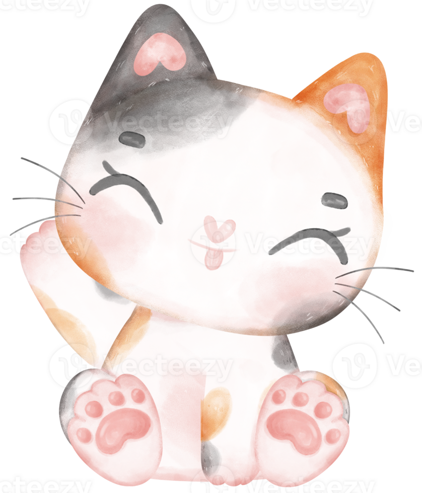 Cute playful calico kitten cat happy cartoon character watercolour hand drawing png