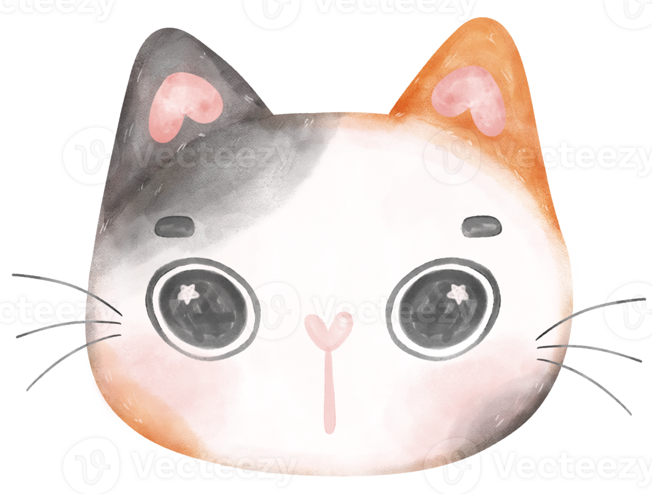 Cute cheerful calico kitten cat happy face cartoon character watercolour hand drawing png