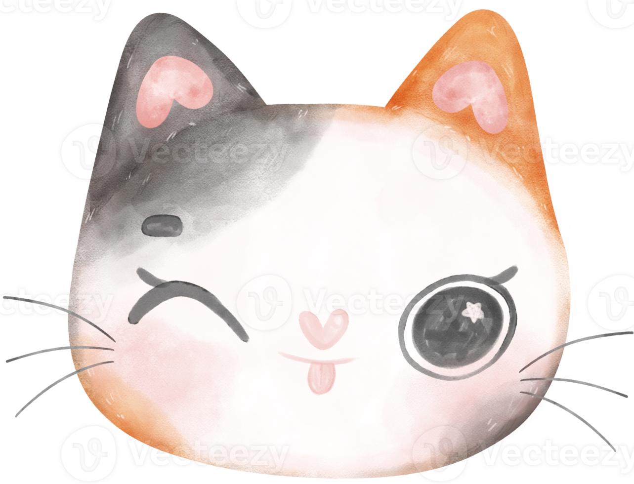 Cute cheerful calico kitten cat happy face cartoon character watercolour hand drawing png