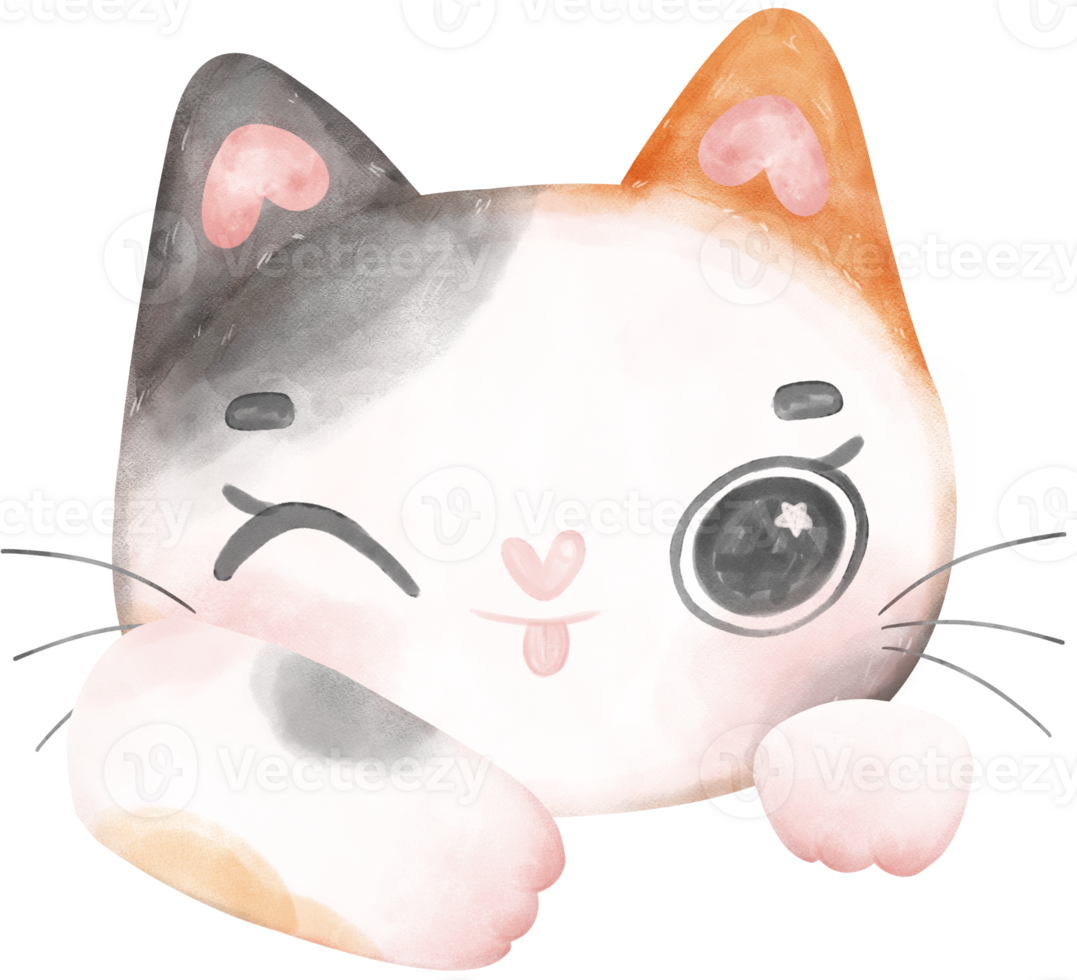 Cute cheerful calico kitten cat happy face cartoon character watercolour hand drawing png