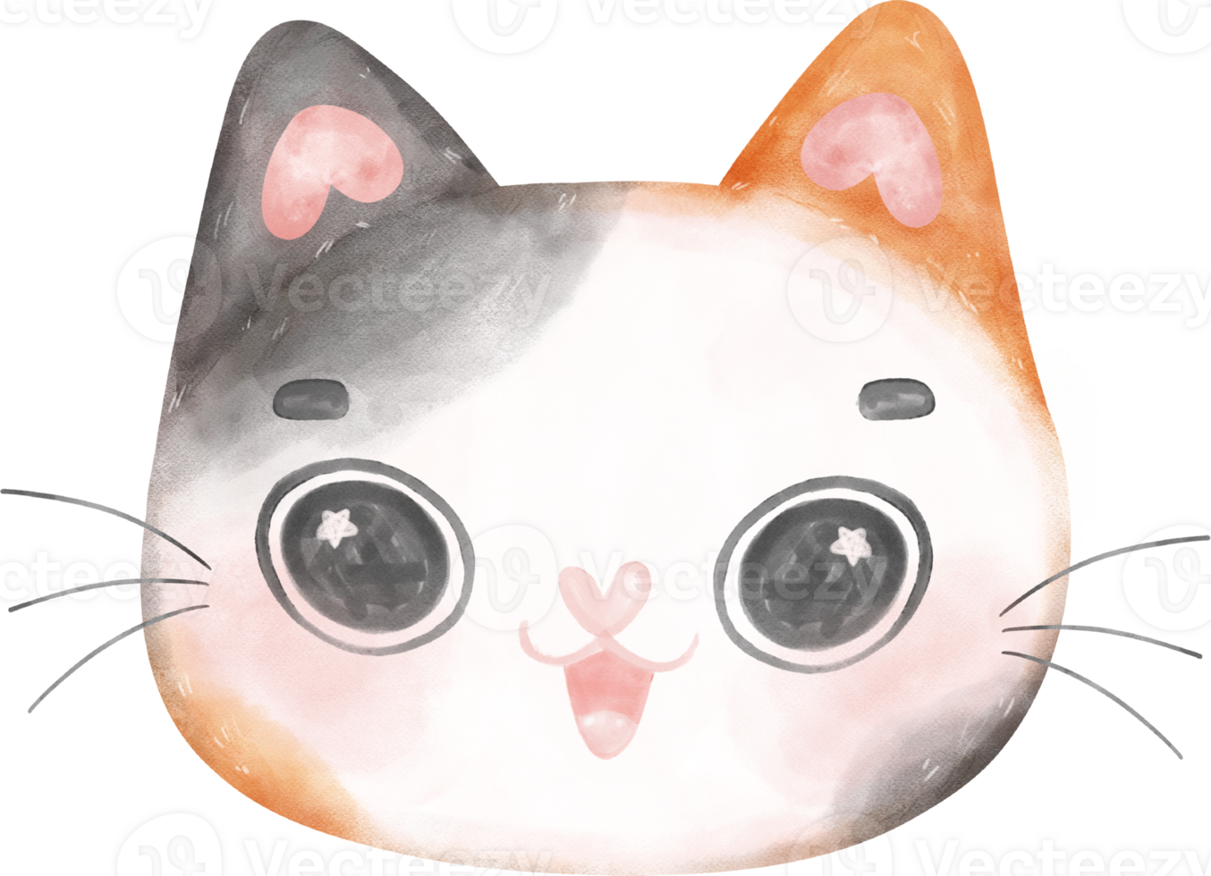 Cute cheerful calico kitten cat happy face cartoon character watercolour hand drawing png