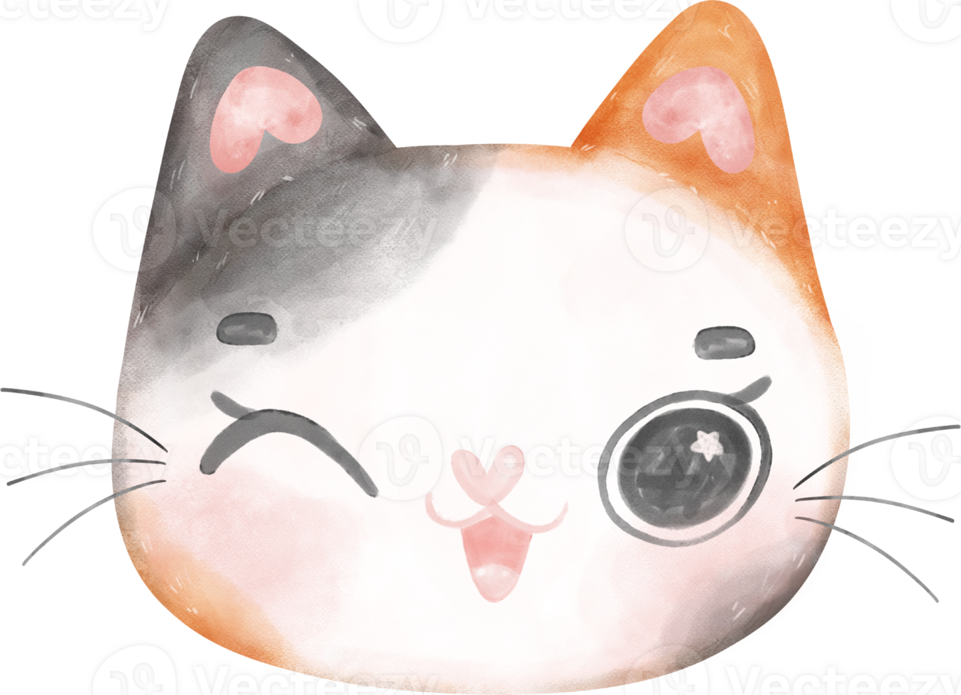 Cute cheerful calico kitten cat happy face cartoon character watercolour hand drawing png