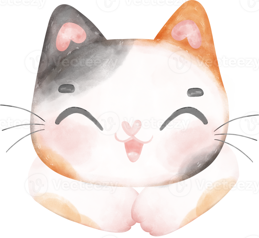 Cute cheerful calico kitten cat happy face cartoon character watercolour hand drawing png