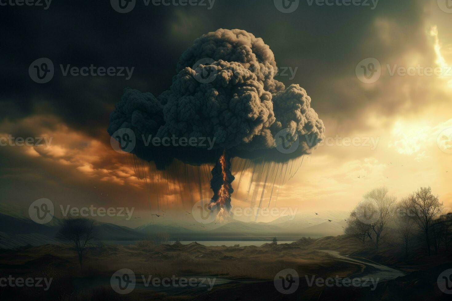 Nuclear explosion dramatic scene. Generate Ai photo