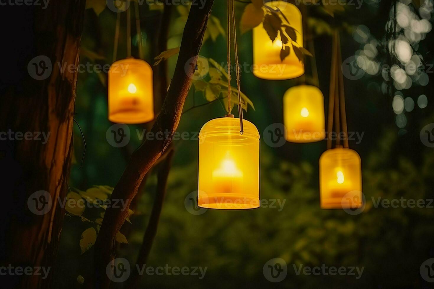 Yellow illuminated lanterns tree. Generate Ai photo