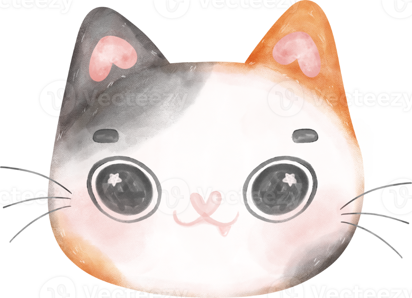 Cute cheerful calico kitten cat happy face cartoon character watercolour hand drawing png