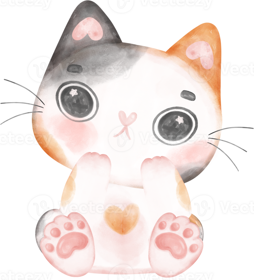 Cute playful calico kitten cat happy cartoon character watercolour hand drawing png