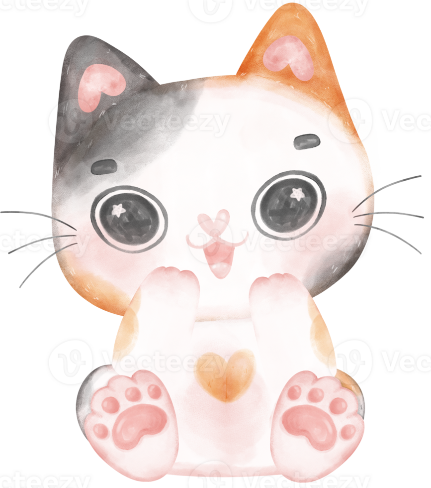 Cute playful calico kitten cat happy cartoon character watercolour hand drawing png