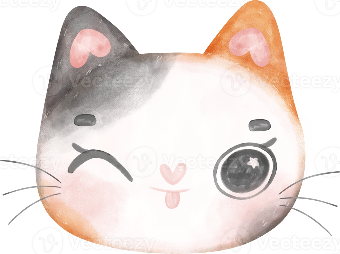 Cute cheerful calico kitten cat happy face cartoon character watercolour hand drawing png