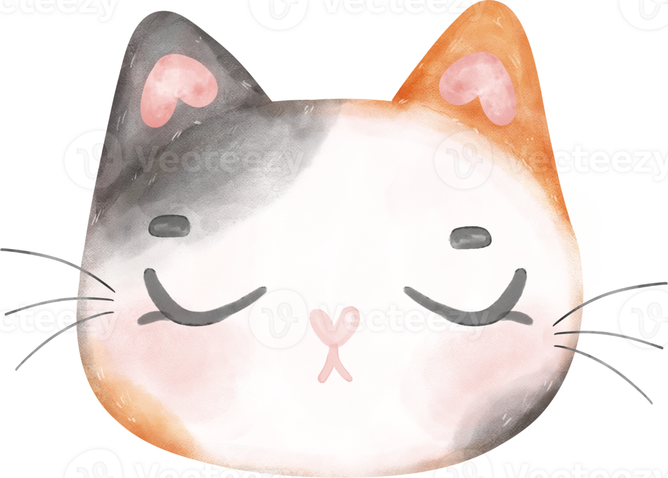 Cute cheerful calico kitten cat happy face cartoon character watercolour hand drawing png