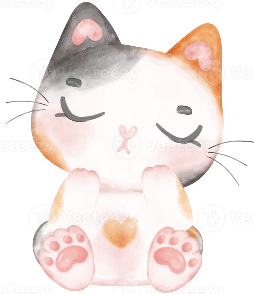 Cute playful calico kitten cat happy cartoon character watercolour hand drawing png