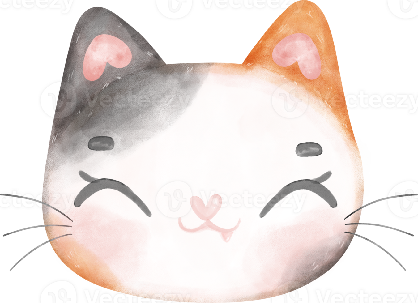 Cute cheerful calico kitten cat happy face cartoon character watercolour hand drawing png