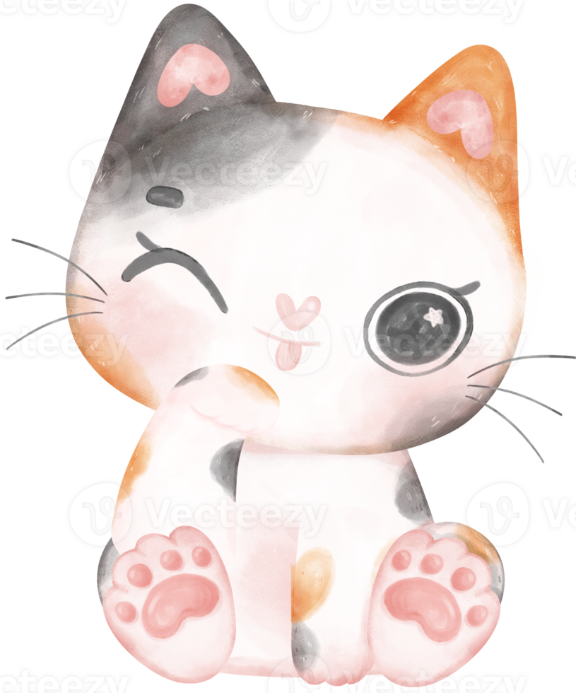 Cute playful calico kitten cat happy cartoon character watercolour hand drawing png