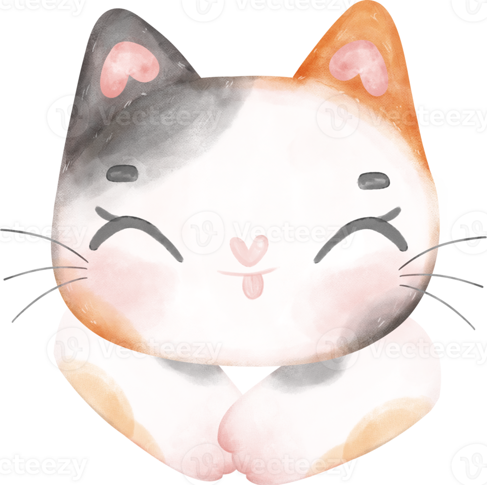 Cute cheerful calico kitten cat happy face cartoon character watercolour hand drawing png