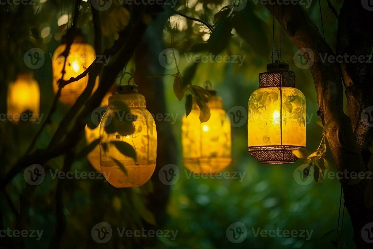 Yellow illuminated lanterns. Generate Ai photo