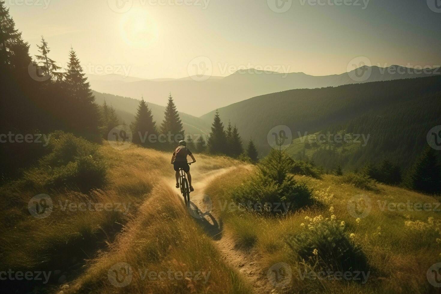 Biking woman mountain riding. Generate Ai photo