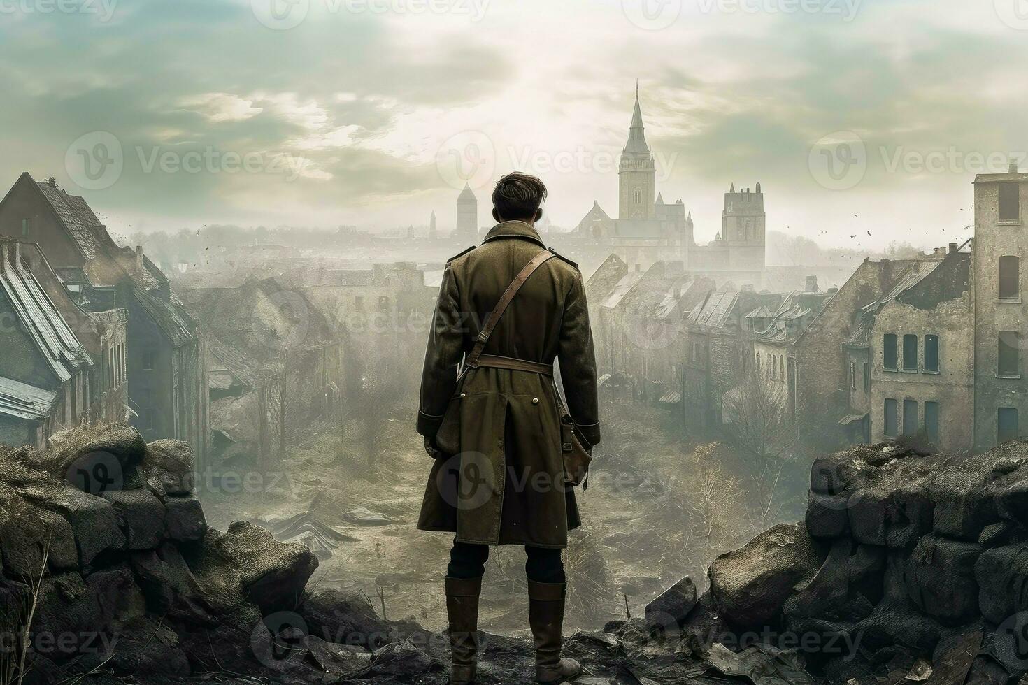 Military man ruined city. Generate Ai photo