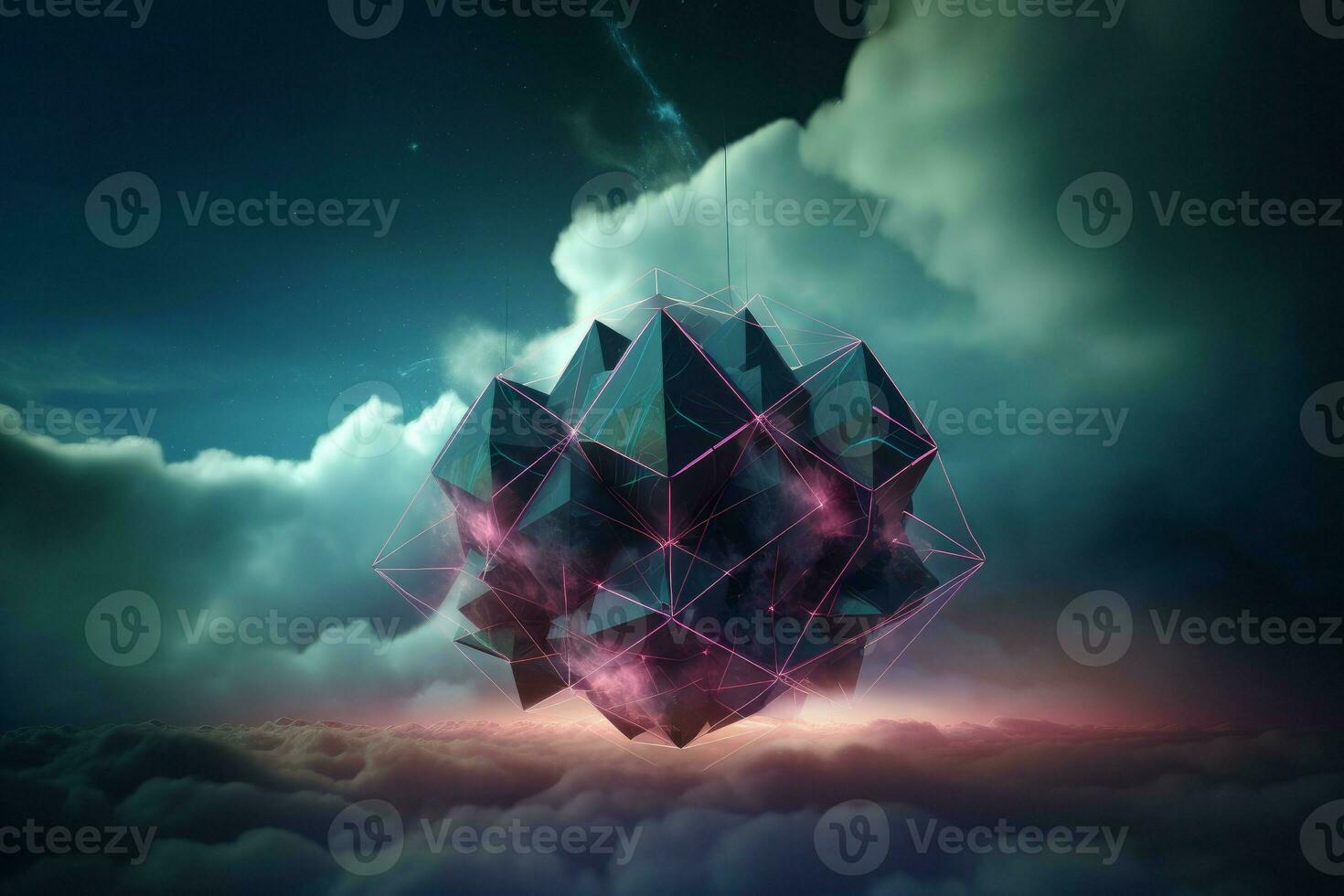 Abstract neon geometric futuristic cloud. Generate Ai photo