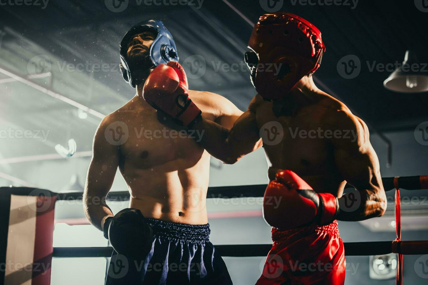 Boxer use various punch combinations, including the jab, hook, uppercut, cross, swing, straight. Getting in close to make opponent on ropes and knockout. Boxing champions win the round in boxing ring photo