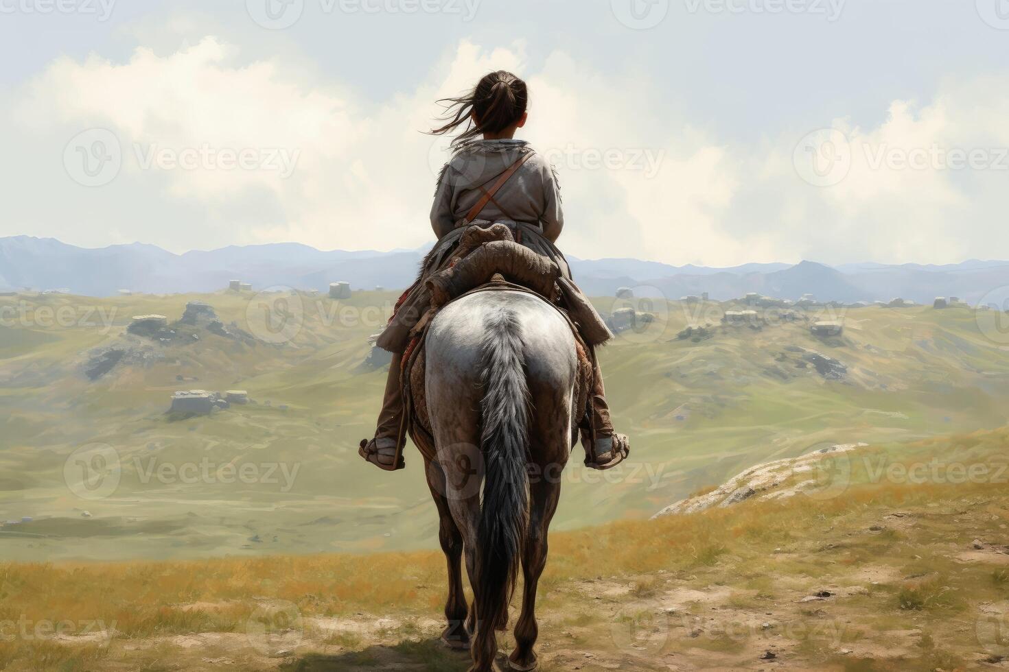 Mongolian ancient child ride horse. Generate Ai 24133151 Stock Photo at