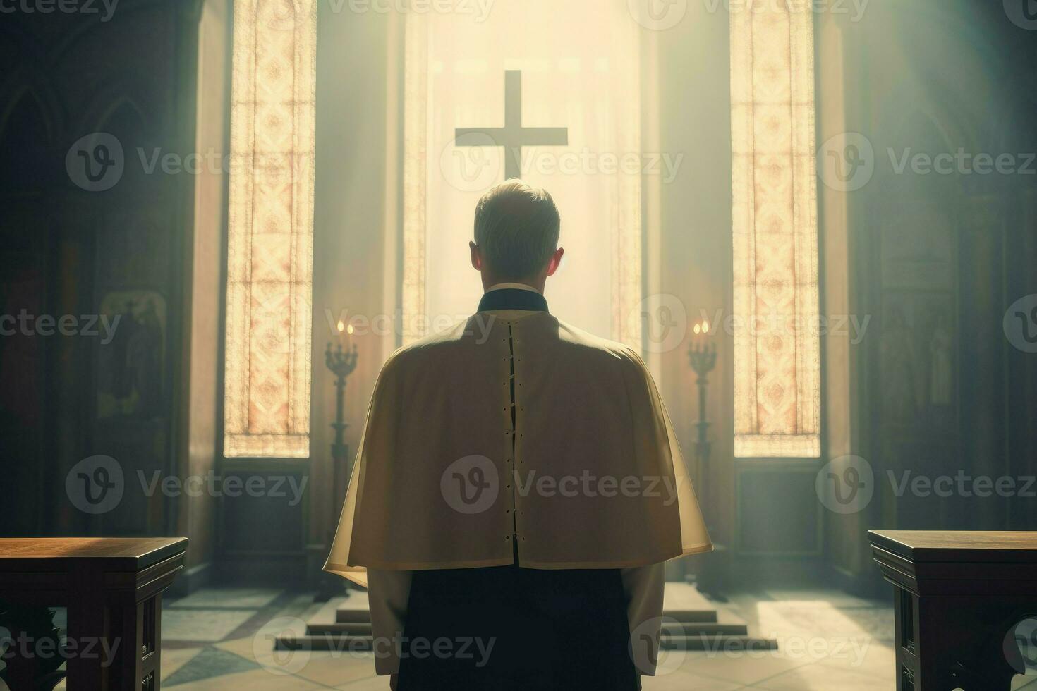 Priest man morning church. Generate Ai photo