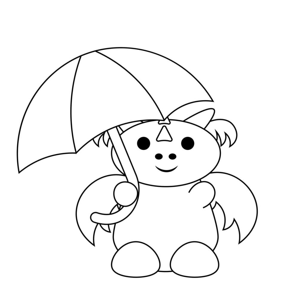 Cute cartoon dragon with umbrella and boot in black and white vector