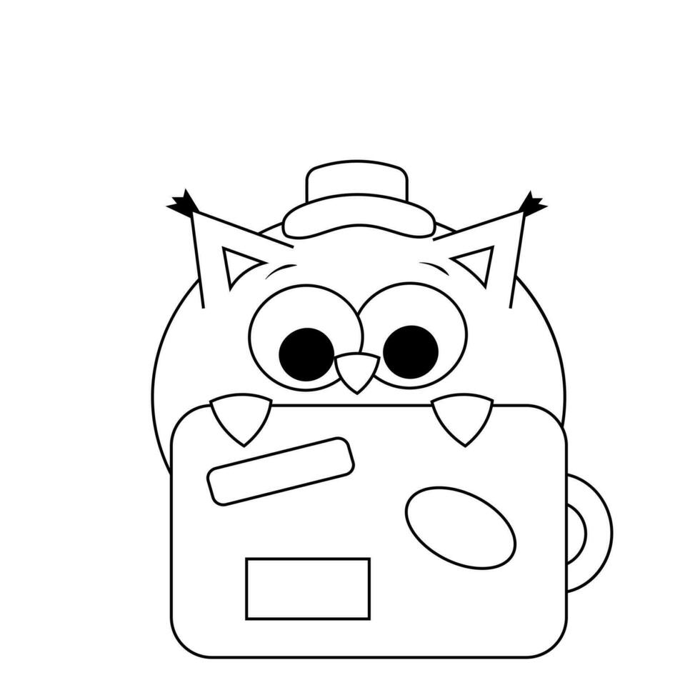 Cute Owl with travel suitcase and hat in black and white vector