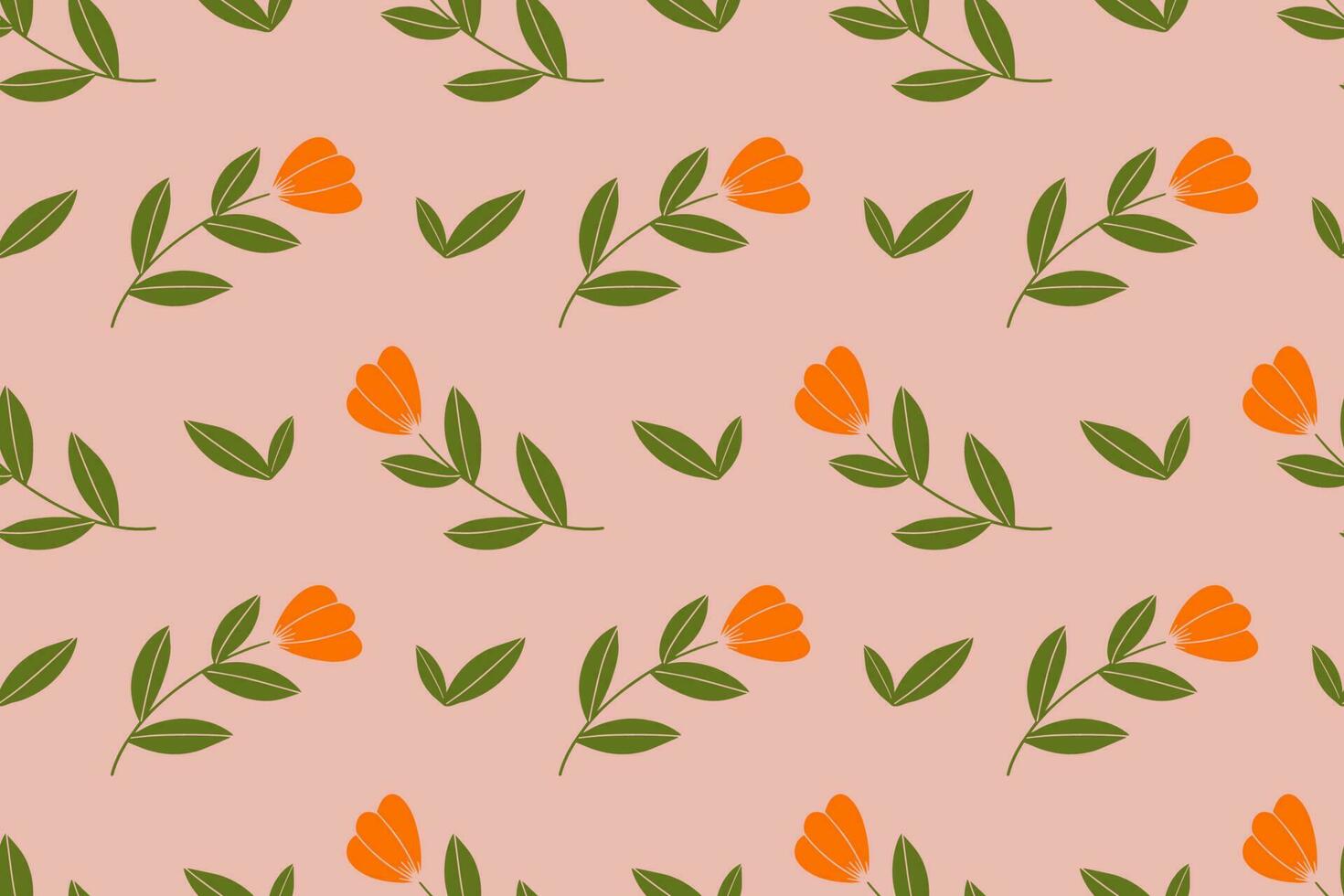 Orange tulip flowers on peach background. Vintage hand-drawn vector pattern for wallpaper, card, stationery design. Minimal floral seamless pattern.