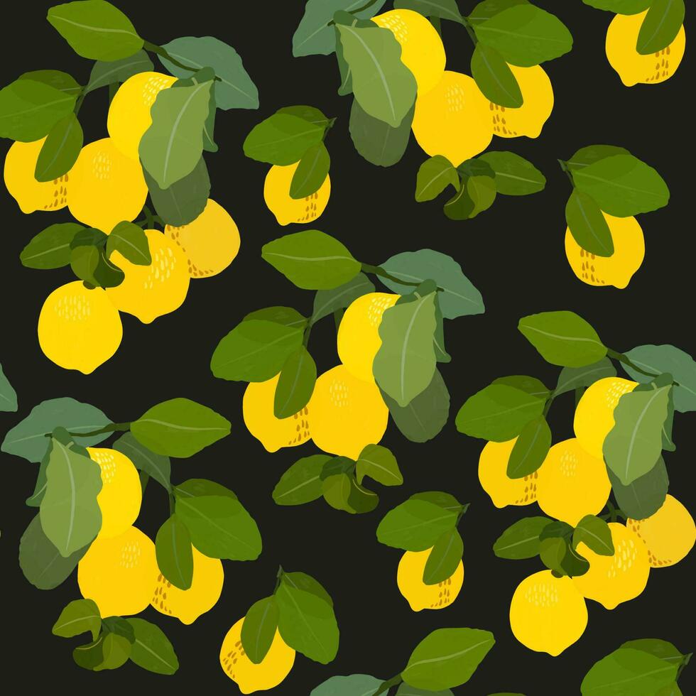 Lemons gouache flat illustrations seamless pattern. Green leaves and lemons isolated on black background for wrapping paper, wallpaper, fabric vector