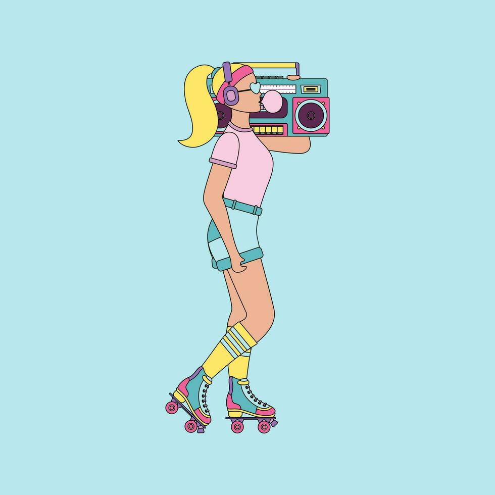 un niña con rodillo patines de moda niña con cinta grabadora montando rodillo patines retro Moda estilo desde 80-90s. vector ilustración.