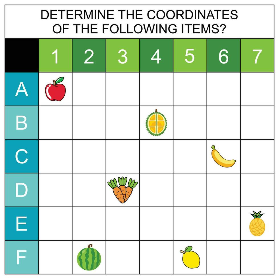 Educational games for kids. Count how many fruits and vegetables. An introduction to the concept of the coordinate system worksheet using a game involving fruit. Fun worksheets vector