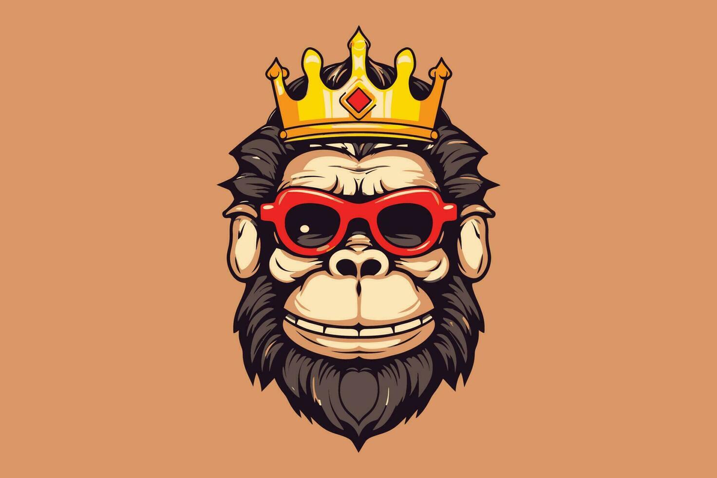 Rey kong mono con sonrisa vistiendo lentes o googles y un corona mascota logo vector sublimación diseño