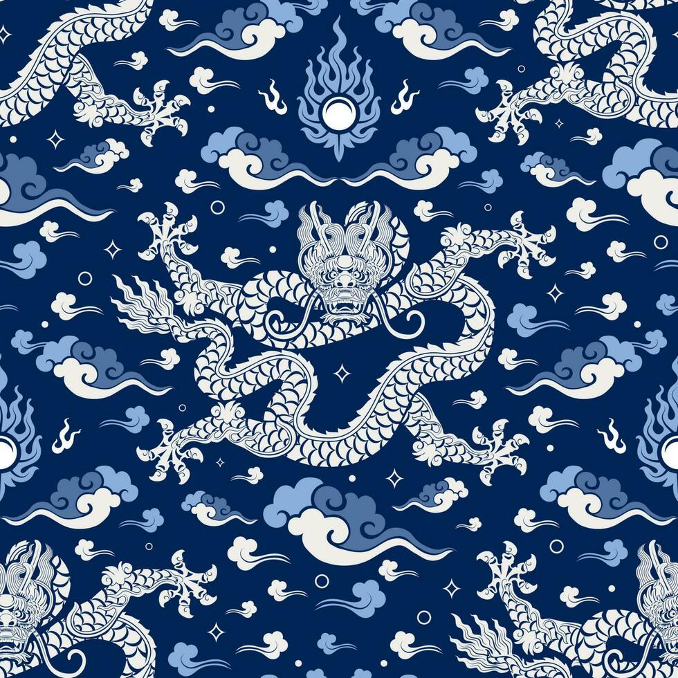 Seamless pattern happy chinese new year 2024 the dragon zodiac sign with asian elements paper cut style on color background. vector