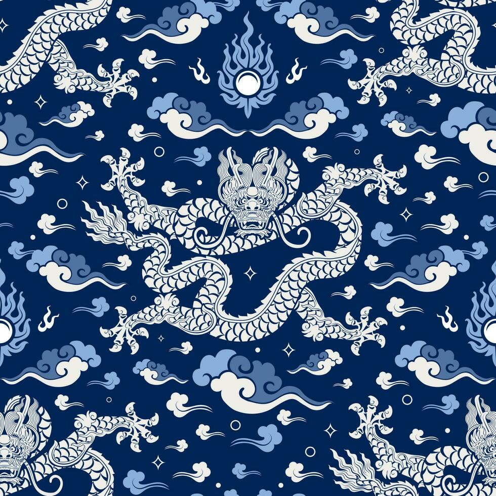 Seamless pattern happy chinese new year 2024 the dragon zodiac sign with asian elements paper cut style on color background. vector