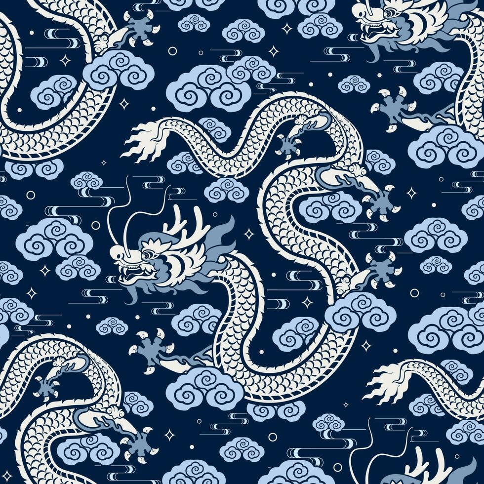 Seamless pattern happy chinese new year 2024 the dragon zodiac sign with asian elements paper cut style on color background. vector