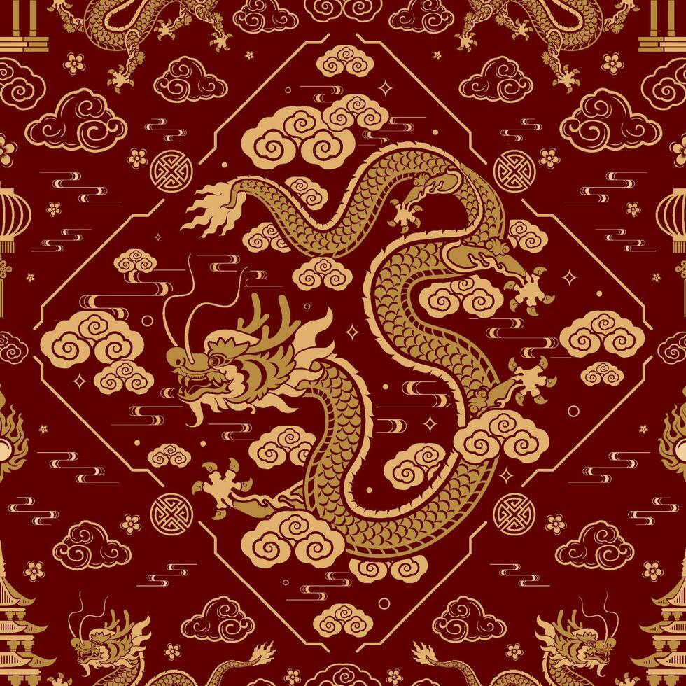 Seamless pattern happy chinese new year 2024 the dragon zodiac sign with asian elements paper cut style on color background. vector