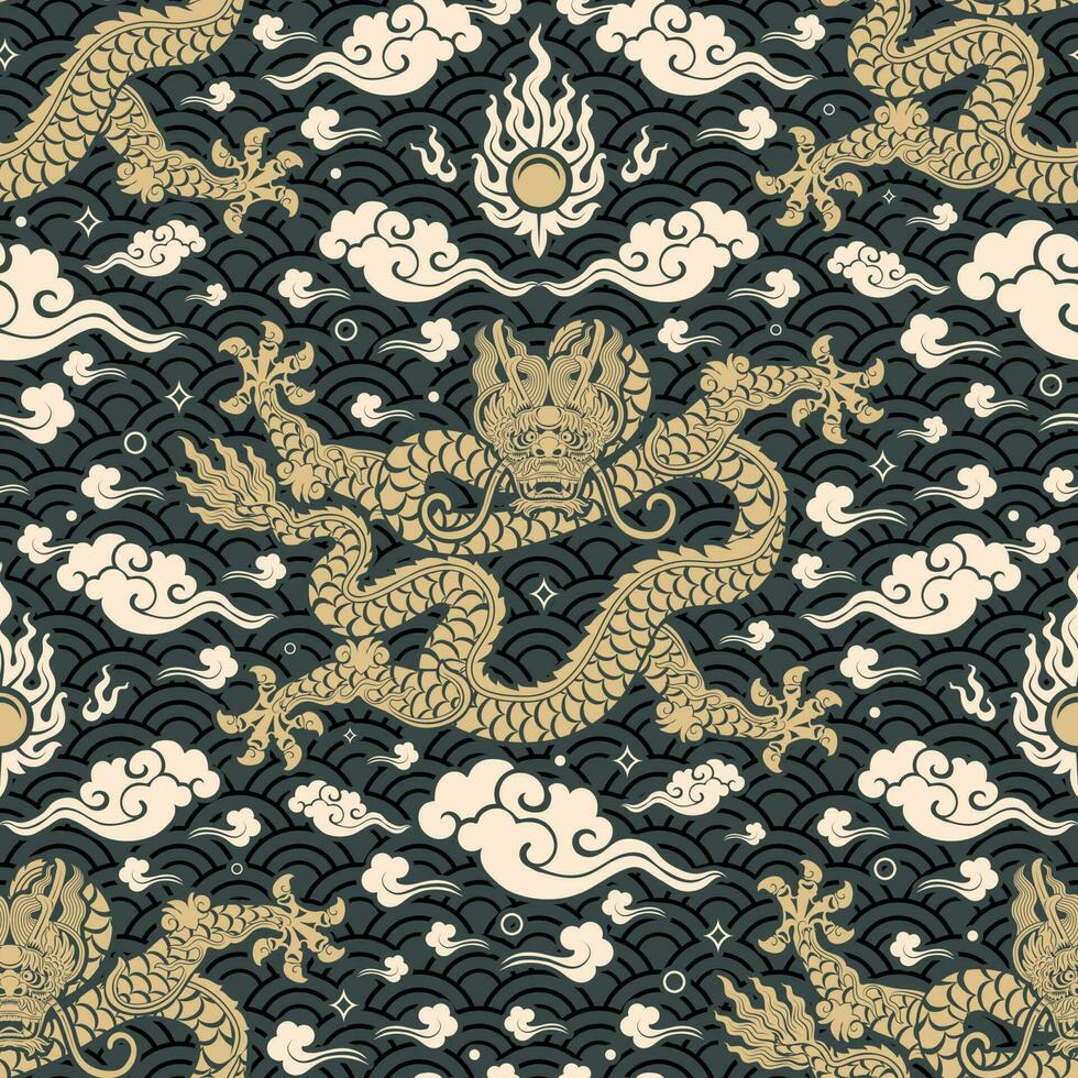 Seamless pattern happy chinese new year 2024 the dragon zodiac sign with asian elements paper cut style on color background. vector