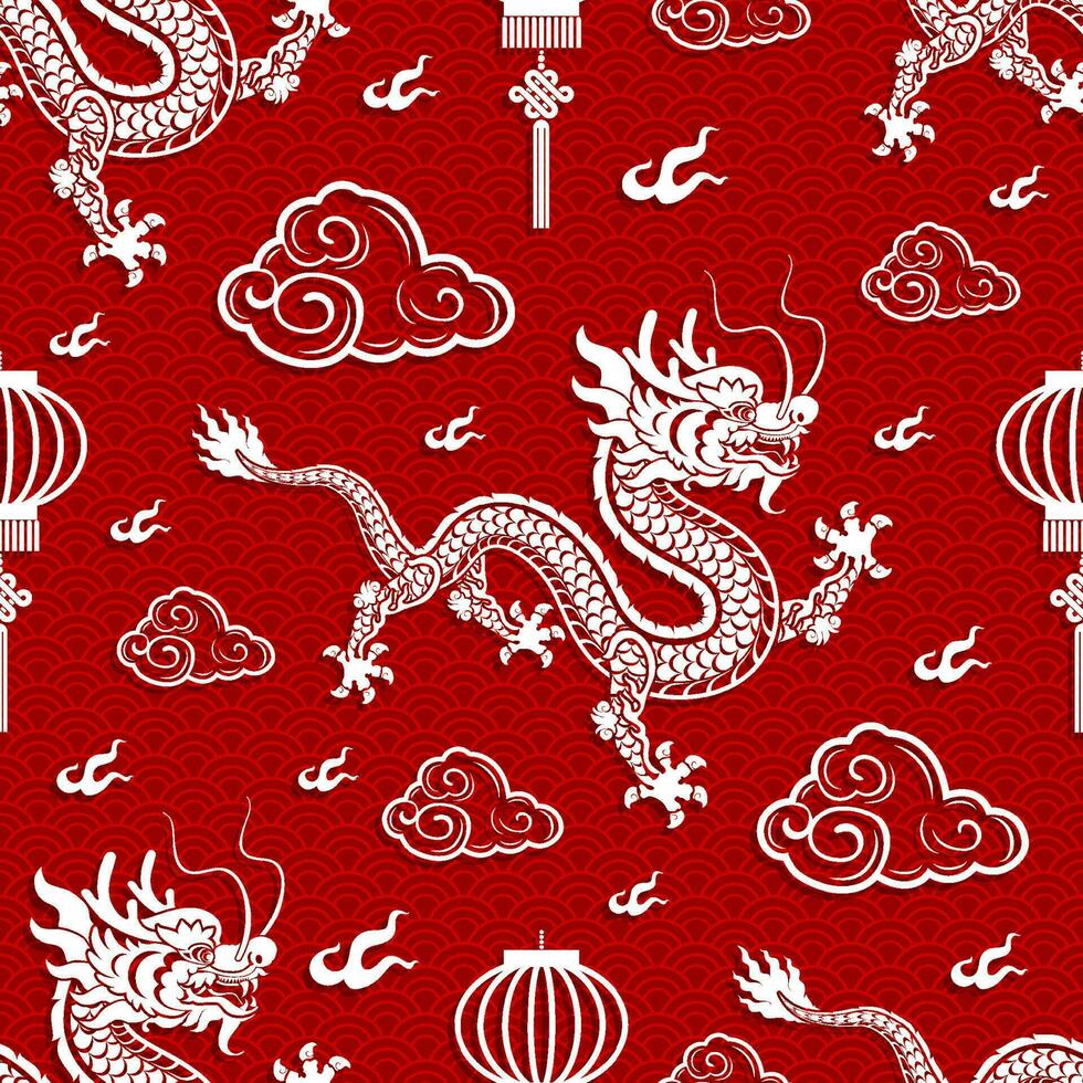 Seamless pattern happy chinese new year 2024 the dragon zodiac sign with asian elements paper cut style on color background. vector