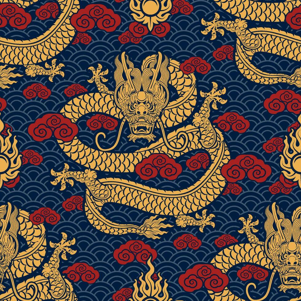 Seamless pattern happy chinese new year 2024 the dragon zodiac sign with asian elements paper cut style on color background. vector
